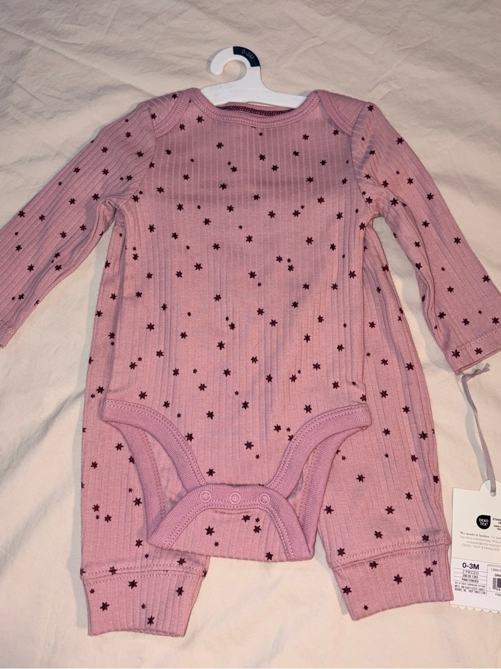 Cloud Island Long-Sleeve Pink Star Ribbed Baby One-Piece Bodysuit